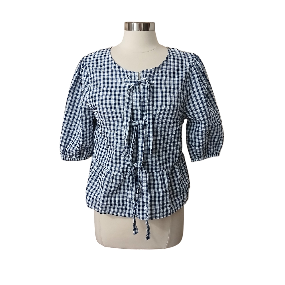 Vigoss | Blue Gingham Open Front Peplum Top Size Large